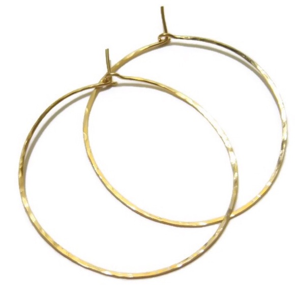 14K Yellow or Rose Gold Textured Hammered Mid Size Classic Wire Hoop Earrings - Picture 3 of 7